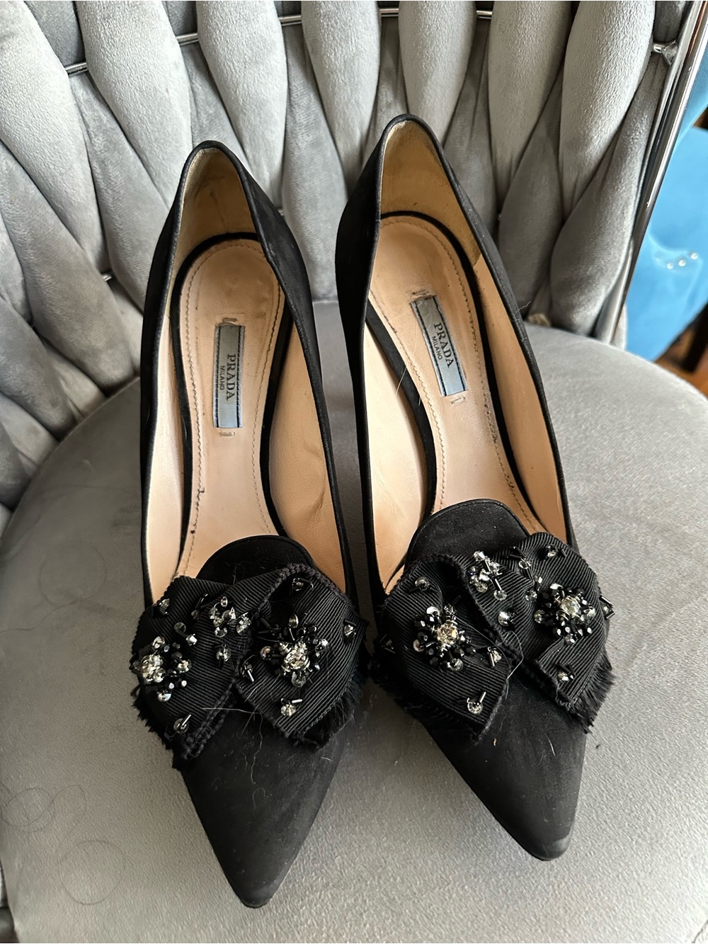 Prada Black Pointed-Toe Embellished Pumps